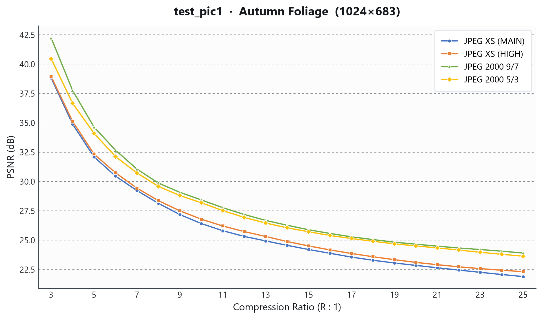 test_pic1（树冠秋叶）PSNR 对比曲线，横轴压缩倍数 R、纵轴 PSNR/dB，含 jxs_main、jxs_high、j2k_97、j2k_53 四条曲线